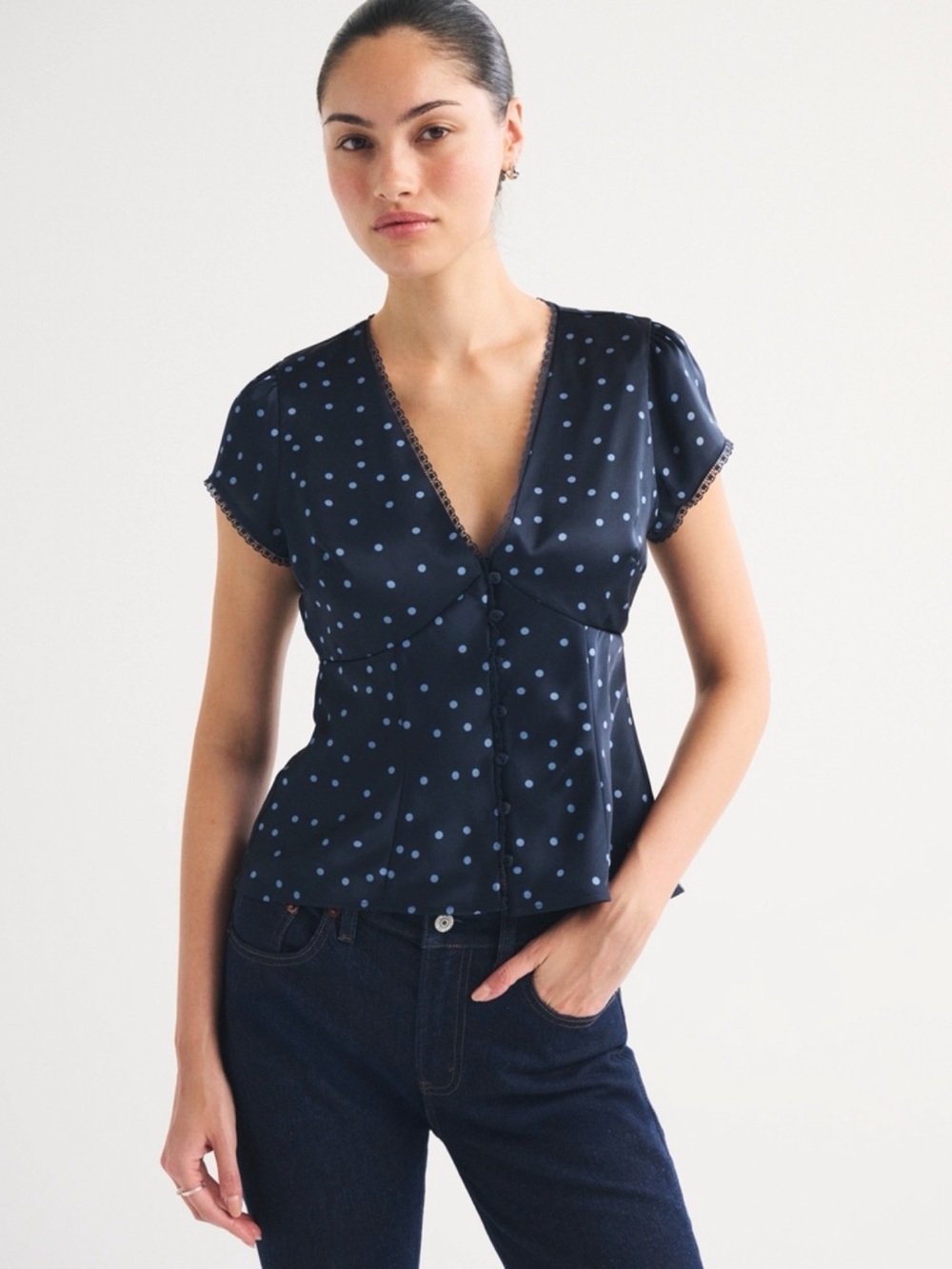Abercrombie & Fitch Navy Blue Polka Dot V-Neck Blouse